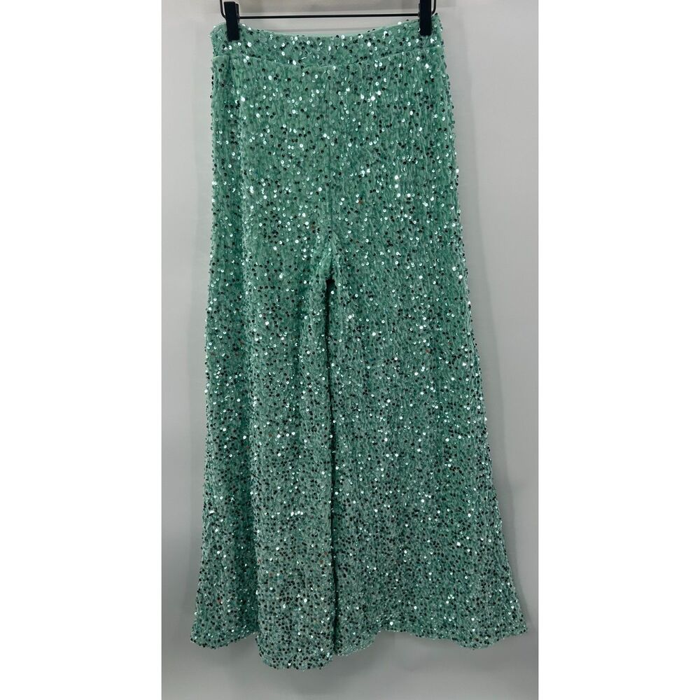 Faeriesty Green Velour Sequin Wide Leg Pants Sz M Glam Festival
